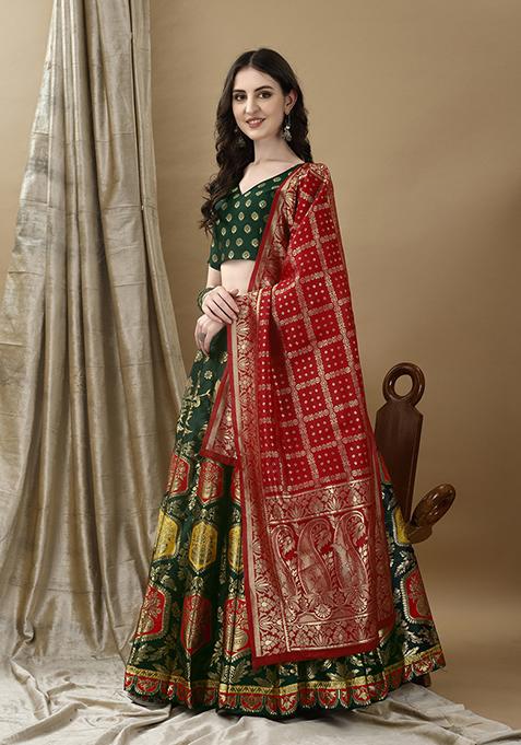 Green Embroidered Soft Silk Jacquard Lehenga Set