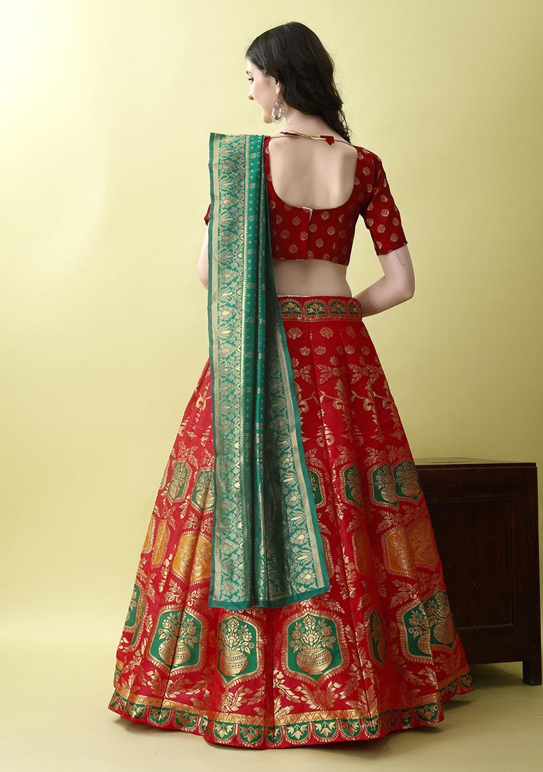 Red Embroidered Soft Silk Jacquard Lehenga Set