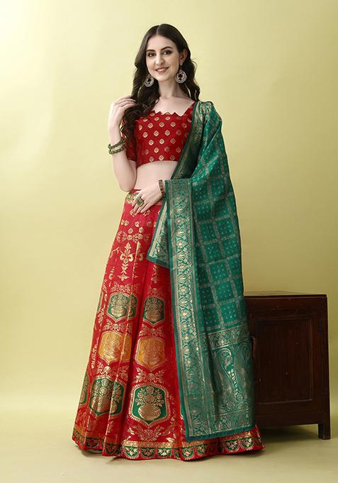 Red Embroidered Soft Silk Jacquard Lehenga Set