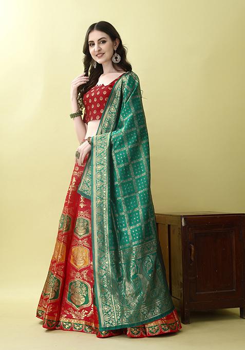 Red Embroidered Soft Silk Jacquard Lehenga Set