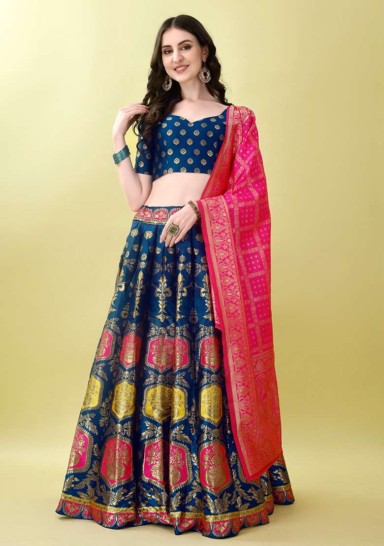 Morpich Soft Jacquard Silk Blend Lehenga Set with Embroidered for Diwali | Wedding & Festive Wear - Indya