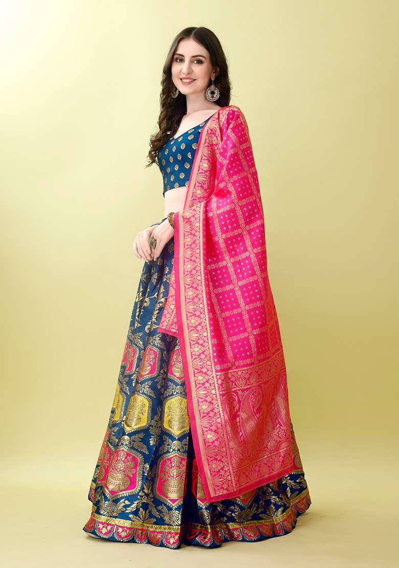 Morpich Soft Jacquard Silk Blend Lehenga Set with Embroidered for Diwali | Wedding & Festive Wear - Indya