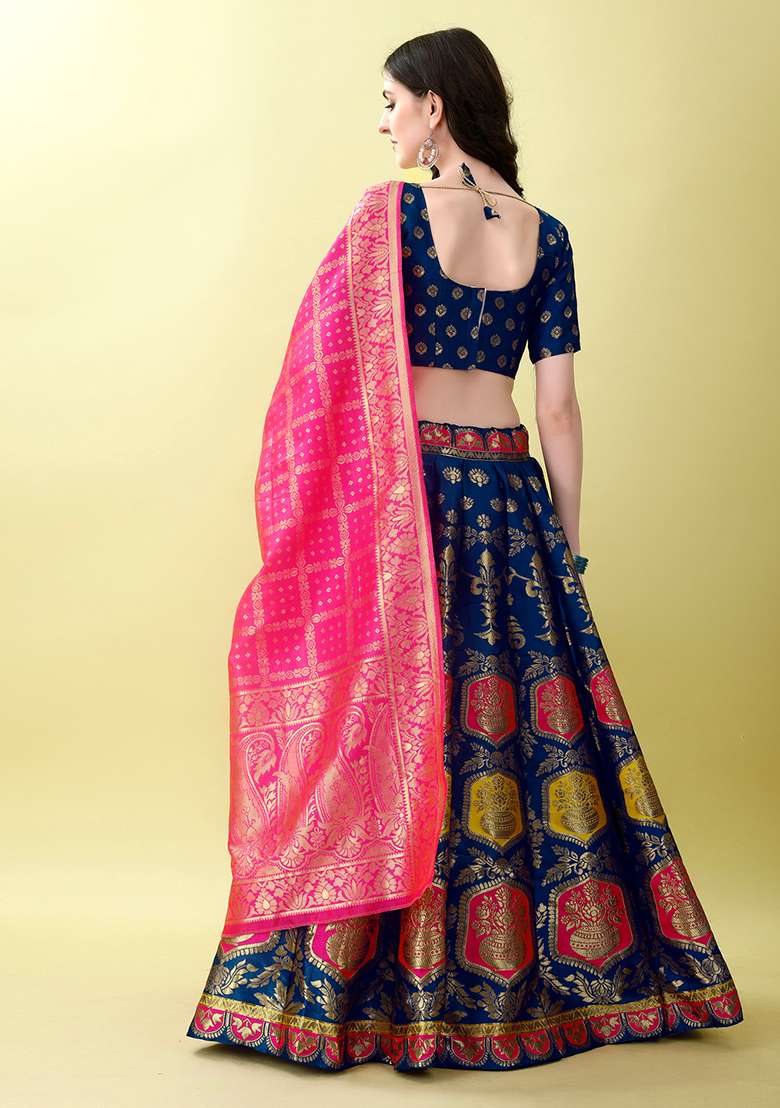 Morpich Soft Jacquard Silk Blend Lehenga Set with Embroidered for Diwali | Wedding & Festive Wear - Indya