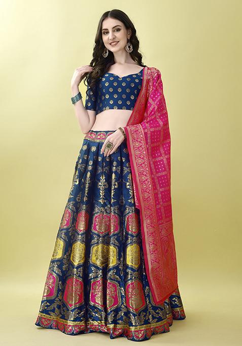 Morpich Embroidered Soft Silk Jacquard Lehenga Set