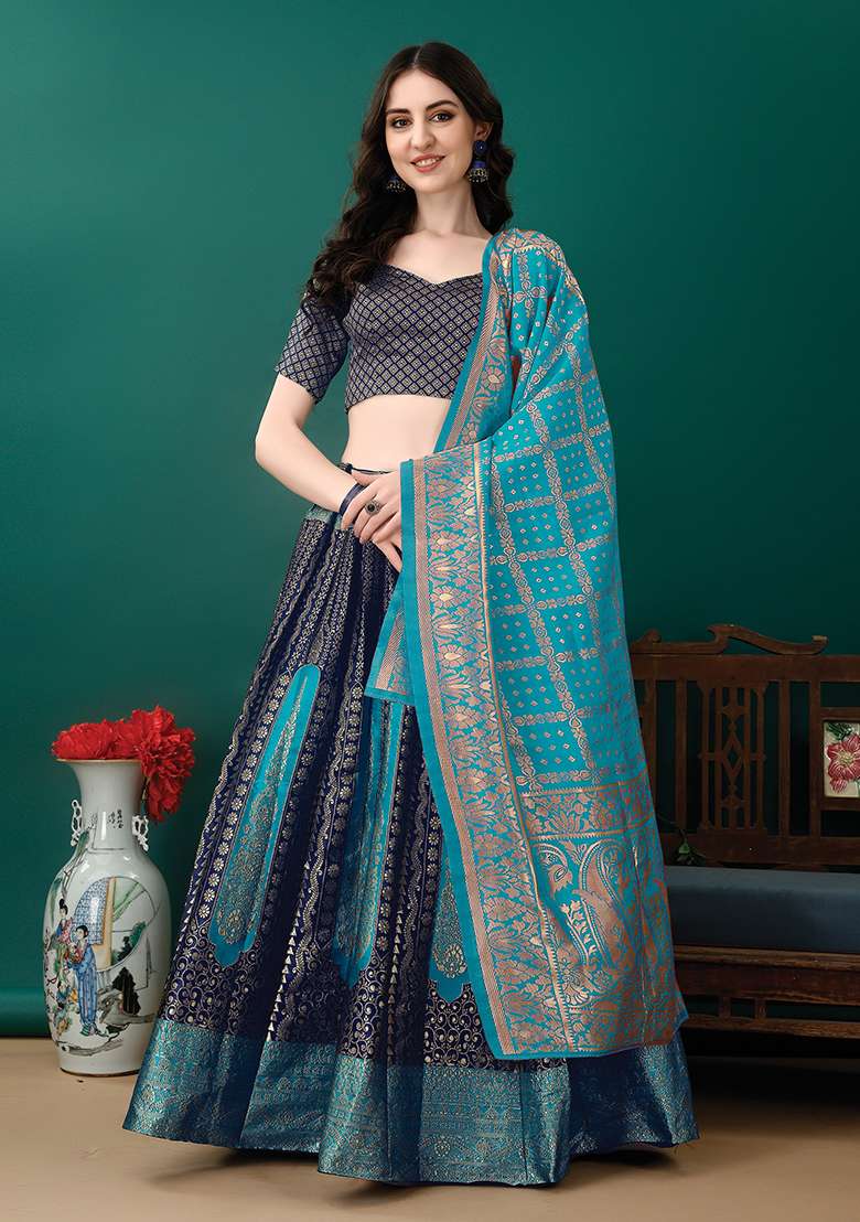 Deep Blue Soft Jacquard Silk Blend Lehenga Set with Embroidered for Diwali | Wedding & Festive Wear - Indya