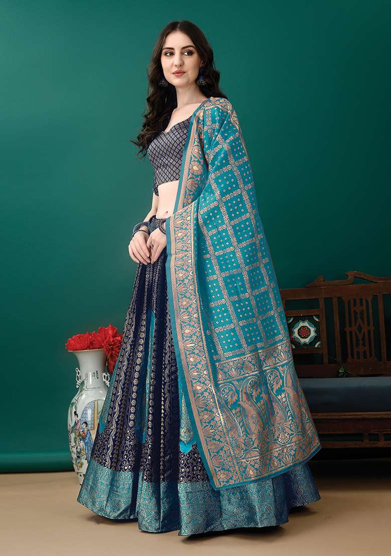 Deep Blue Soft Jacquard Silk Blend Lehenga Set with Embroidered for Diwali | Wedding & Festive Wear - Indya