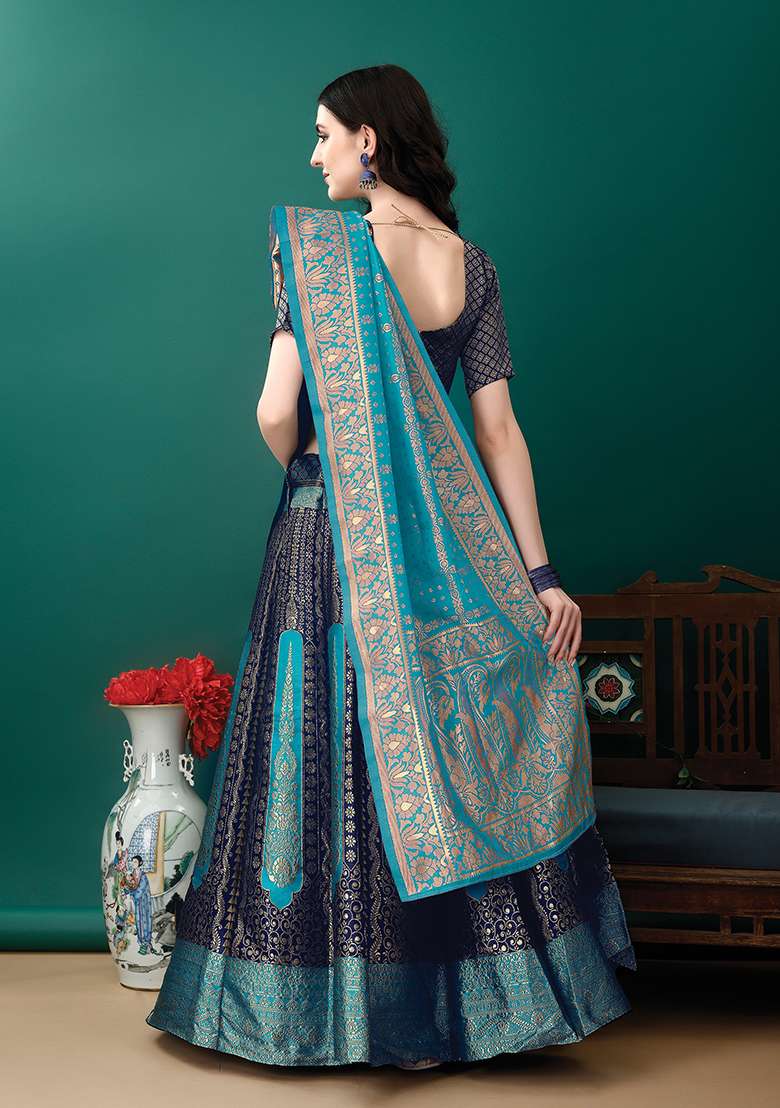 Deep Blue Soft Jacquard Silk Blend Lehenga Set with Embroidered for Diwali | Wedding & Festive Wear - Indya