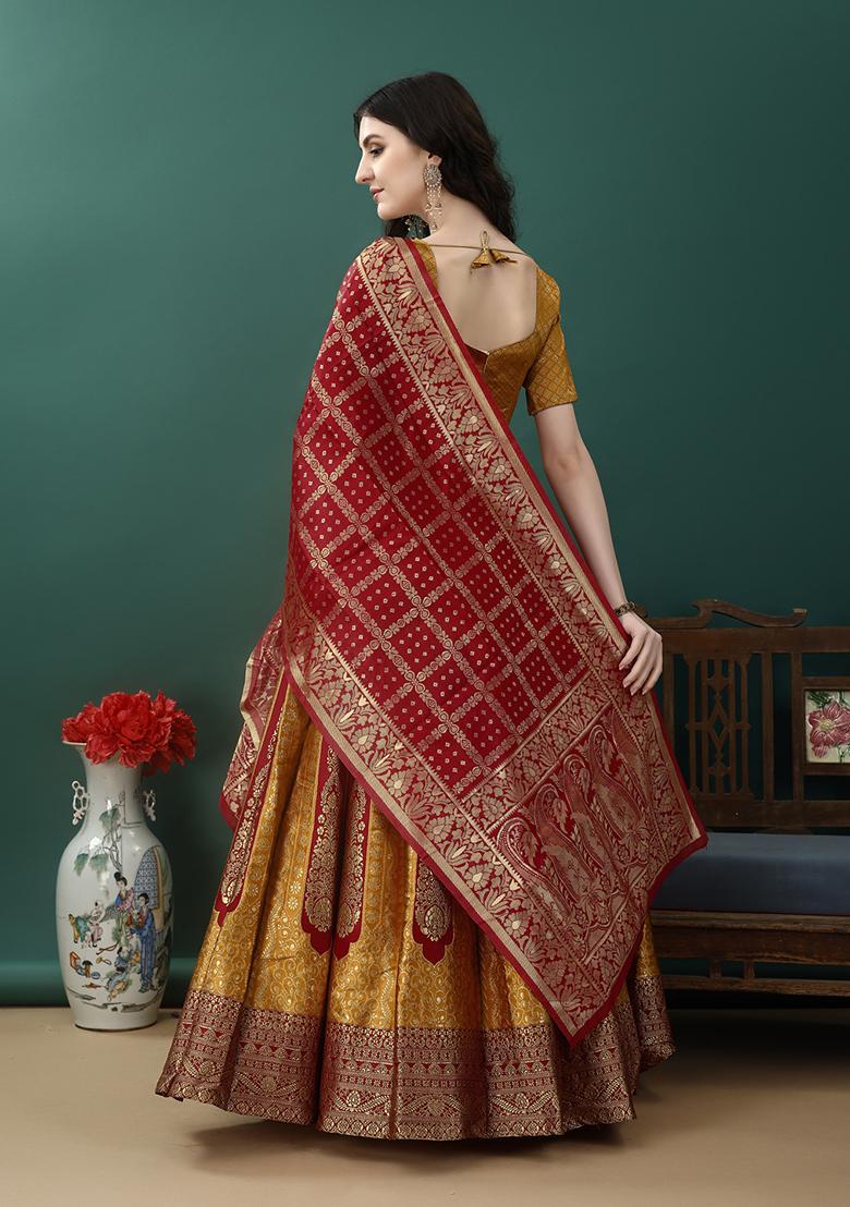 Golden Embroidered Soft Silk Jacquard Lehenga Set