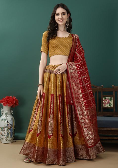 Golden Embroidered Soft Silk Jacquard Lehenga Set