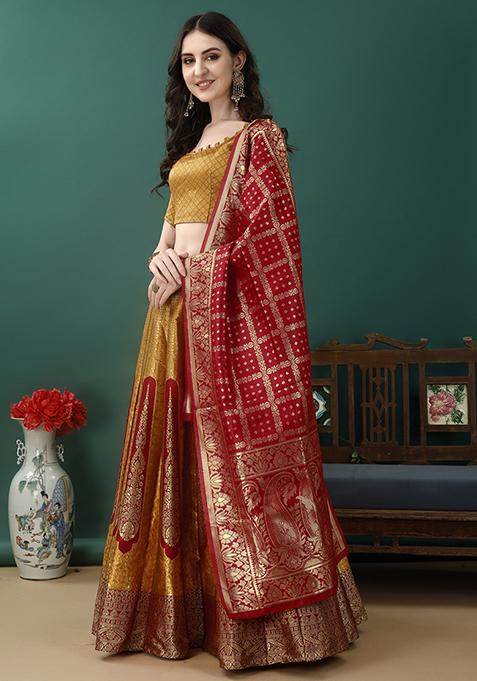 Golden Embroidered Soft Silk Jacquard Lehenga Set