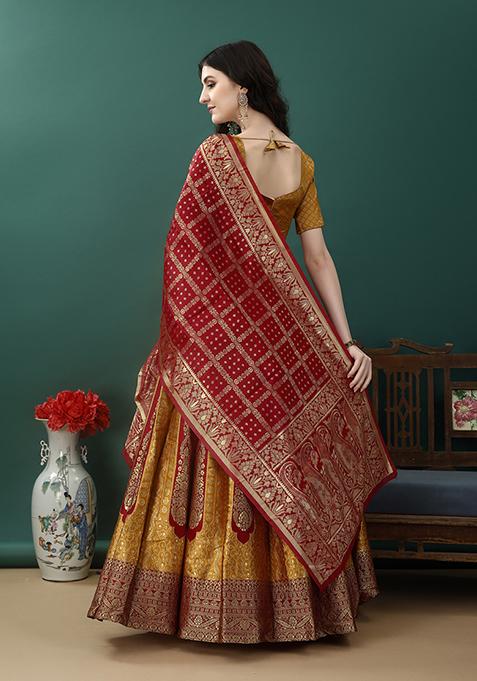 Golden Embroidered Soft Silk Jacquard Lehenga Set