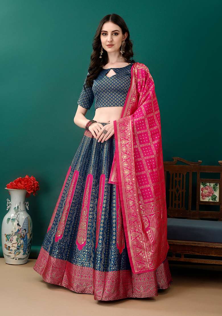 Morpich Embroidered Soft Silk Blend Jacquard Lehenga Set for Diwali and Festive Wear - Indya