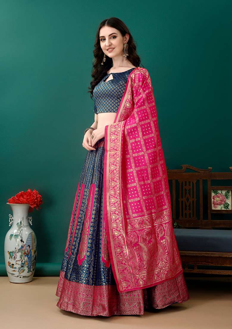 Morpich Embroidered Soft Silk Blend Jacquard Lehenga Set for Diwali and Festive Wear - Indya
