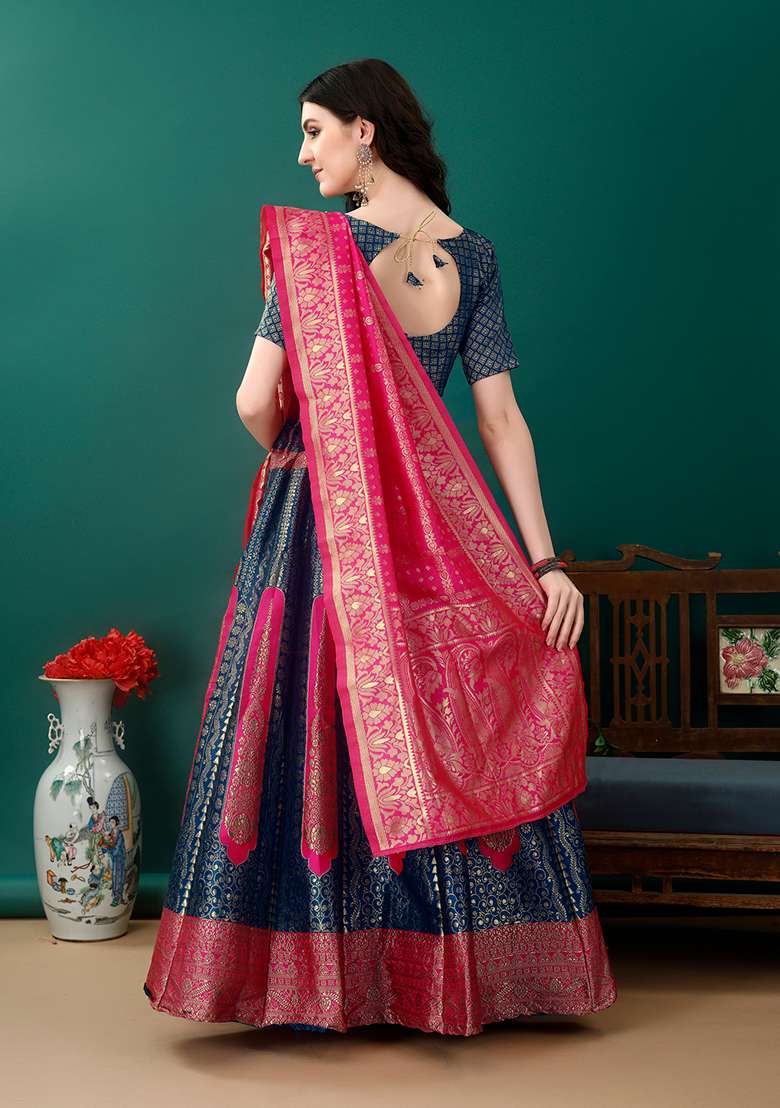 Morpich Embroidered Soft Silk Blend Jacquard Lehenga Set for Diwali and Festive Wear - Indya