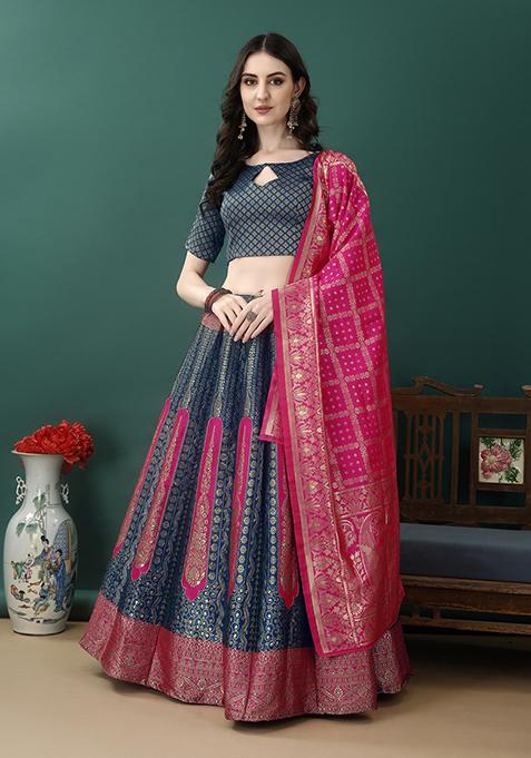 Morpich Embroidered Soft Silk Jacquard Lehenga Set