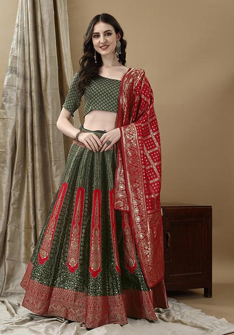 Mehendi Green Embroidered Soft Silk Jacquard Lehenga Set