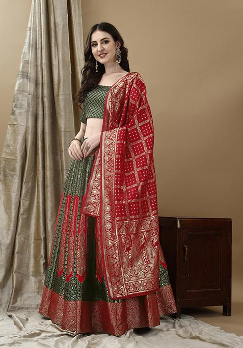 Mehendi Green Embroidered Soft Silk Jacquard Lehenga Set