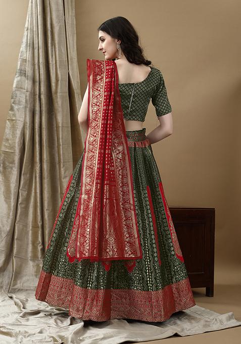Mehendi Green Embroidered Soft Silk Jacquard Lehenga Set