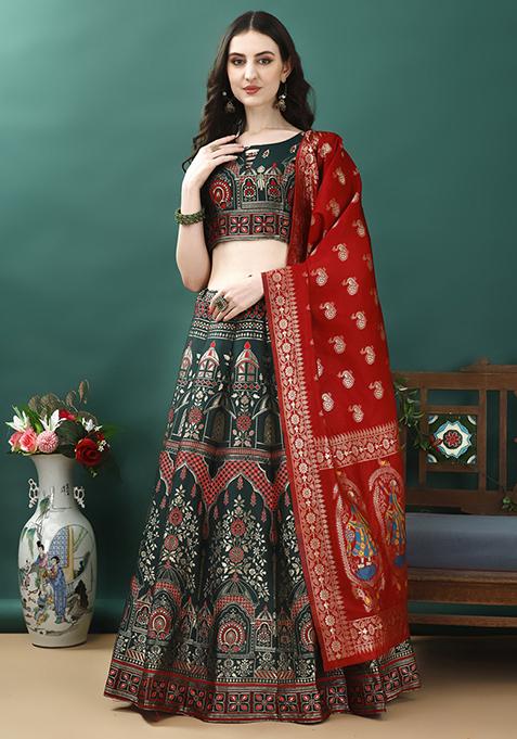 Dark Green Embroidered Soft Silk Jacquard Lehenga Set