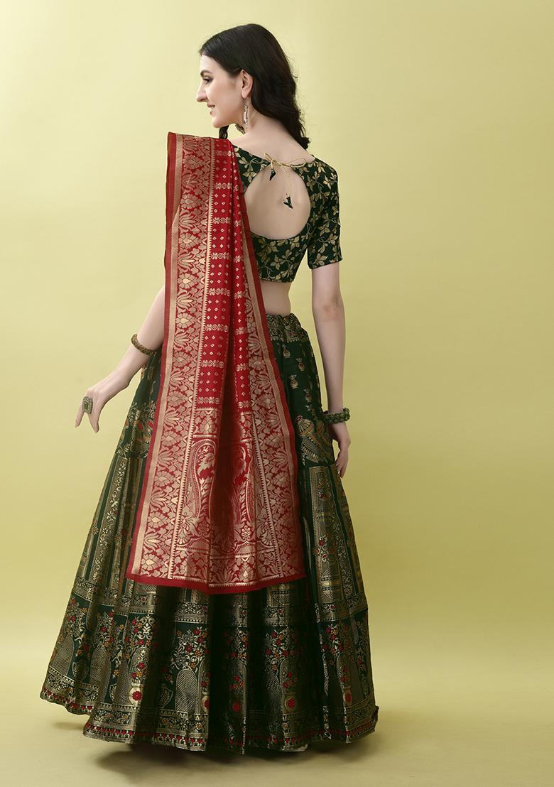 Green Embroidered Soft Silk Jacquard Lehenga Set