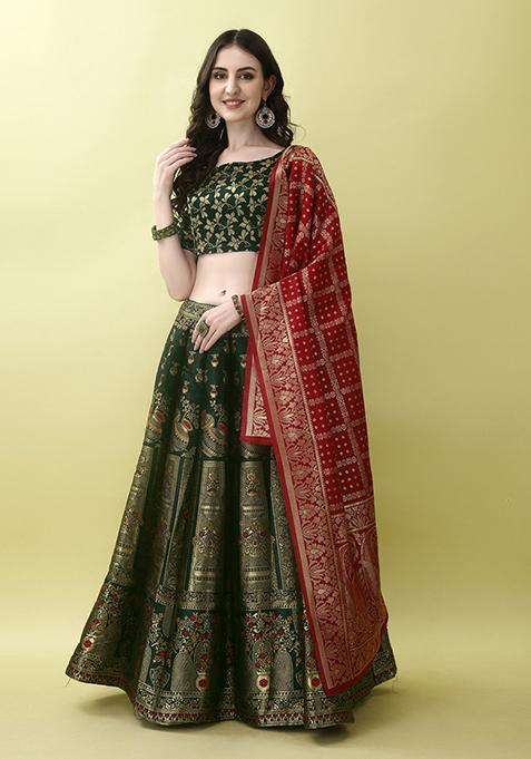 Green Embroidered Soft Silk Jacquard Lehenga Set