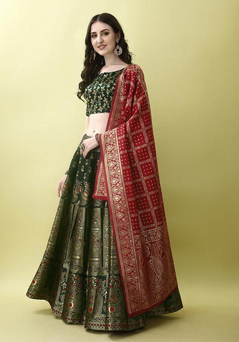 Green Embroidered Soft Silk Jacquard Lehenga Set