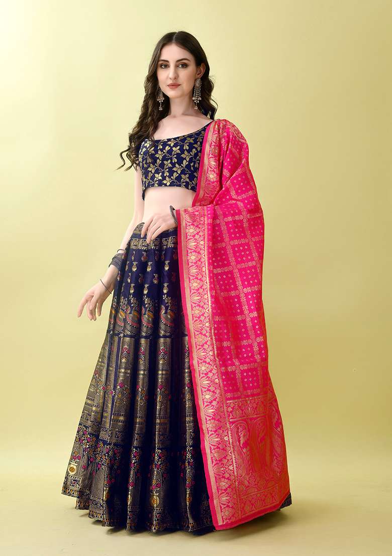 Dark Blue Embroidered Soft Silk Blend Jacquard Lehenga Set for Diwali and Festive Wear - Indya