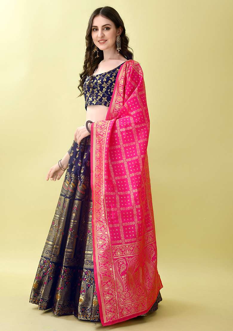Dark Blue Embroidered Soft Silk Blend Jacquard Lehenga Set for Diwali and Festive Wear - Indya