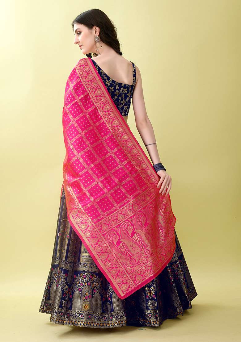 Dark Blue Embroidered Soft Silk Blend Jacquard Lehenga Set for Diwali and Festive Wear - Indya