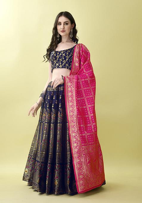 Dark Blue Embroidered Soft Silk Jacquard Lehenga Set