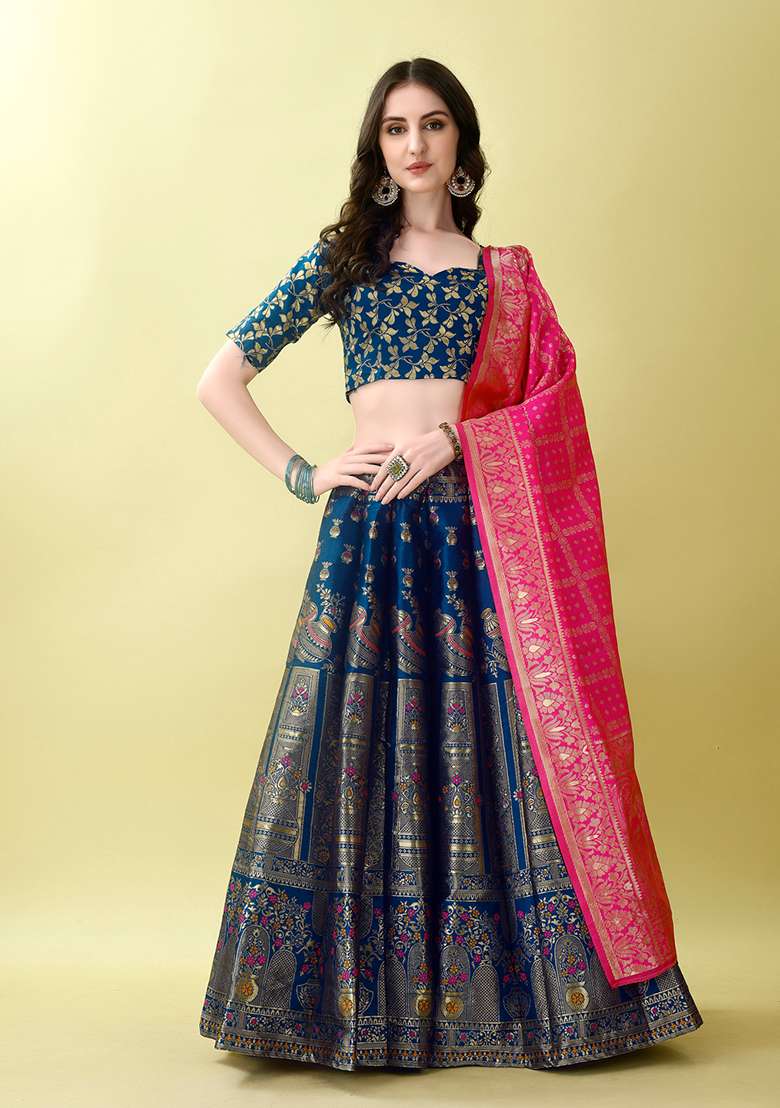 Morpich Soft Jacquard Silk Blend Lehenga Set with Embroidered for Diwali | Wedding & Festive Wear - Indya
