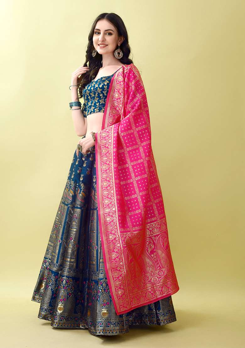 Morpich Soft Jacquard Silk Blend Lehenga Set with Embroidered for Diwali | Wedding & Festive Wear - Indya