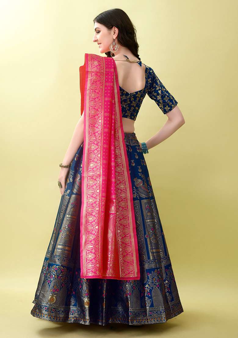 Morpich Soft Jacquard Silk Blend Lehenga Set with Embroidered for Diwali | Wedding & Festive Wear - Indya