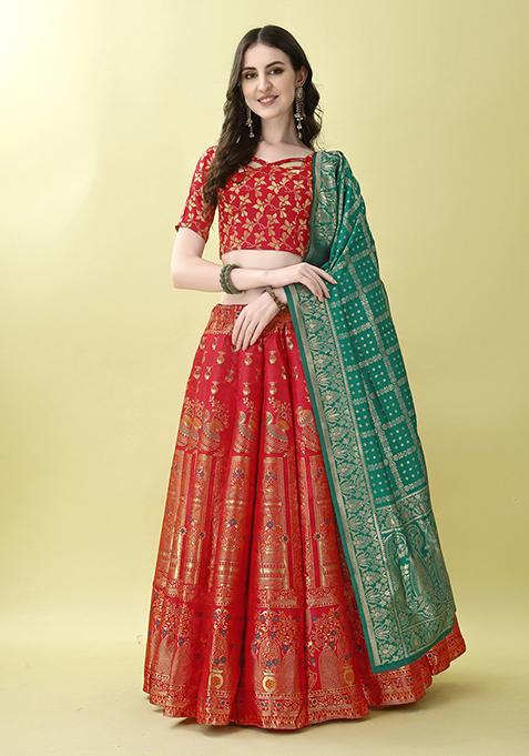 Red Embroidered Soft Silk Jacquard Lehenga Set