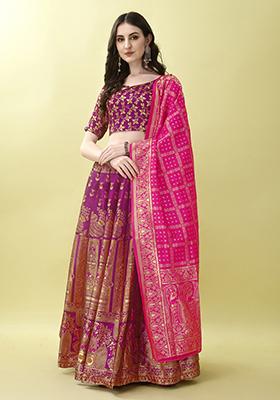 Purple Embroidered Soft Silk Jacquard Lehenga Set