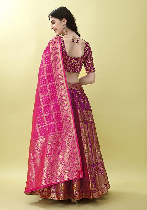 Purple Embroidered Soft Silk Jacquard Lehenga Set