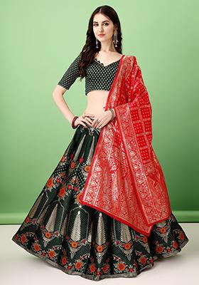 Multicolour Embroidered Soft Silk Jacquard Lehenga Set
