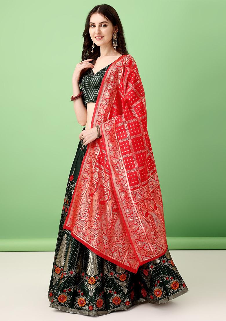 Multicolour Embroidered Soft Silk Jacquard Lehenga Set