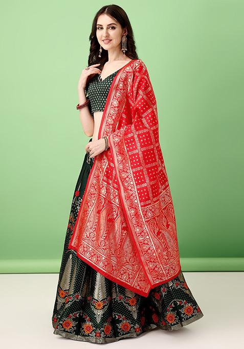 Multicolour Embroidered Soft Silk Jacquard Lehenga Set