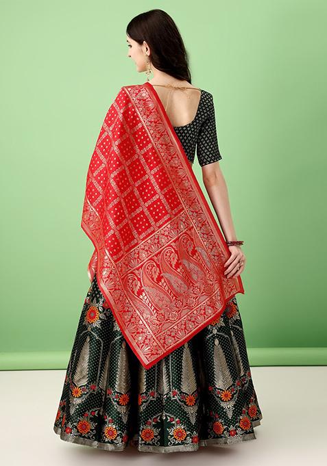 Multicolour Embroidered Soft Silk Jacquard Lehenga Set