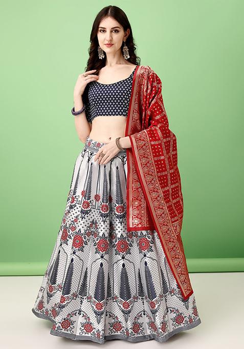 Multicolour Embroidered Soft Silk Jacquard Lehenga Set