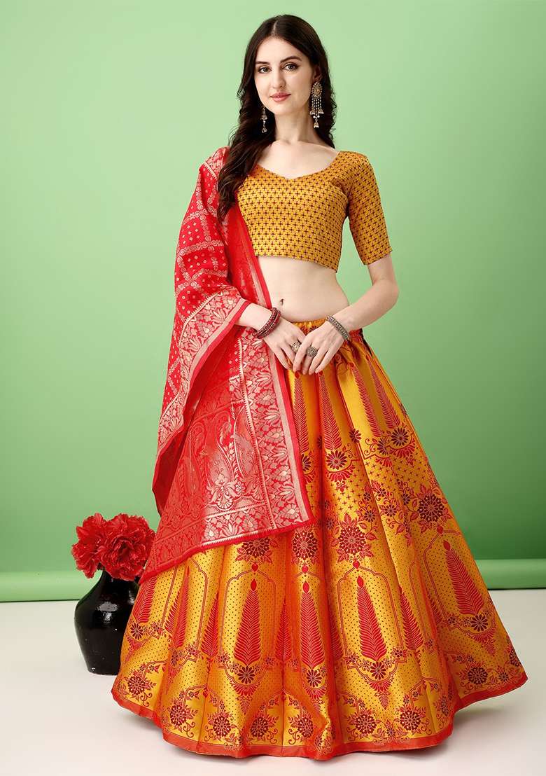 Multicolour Soft Jacquard Silk Blend Lehenga Set with Embroidered for Diwali | Wedding & Festive Wear - Indya