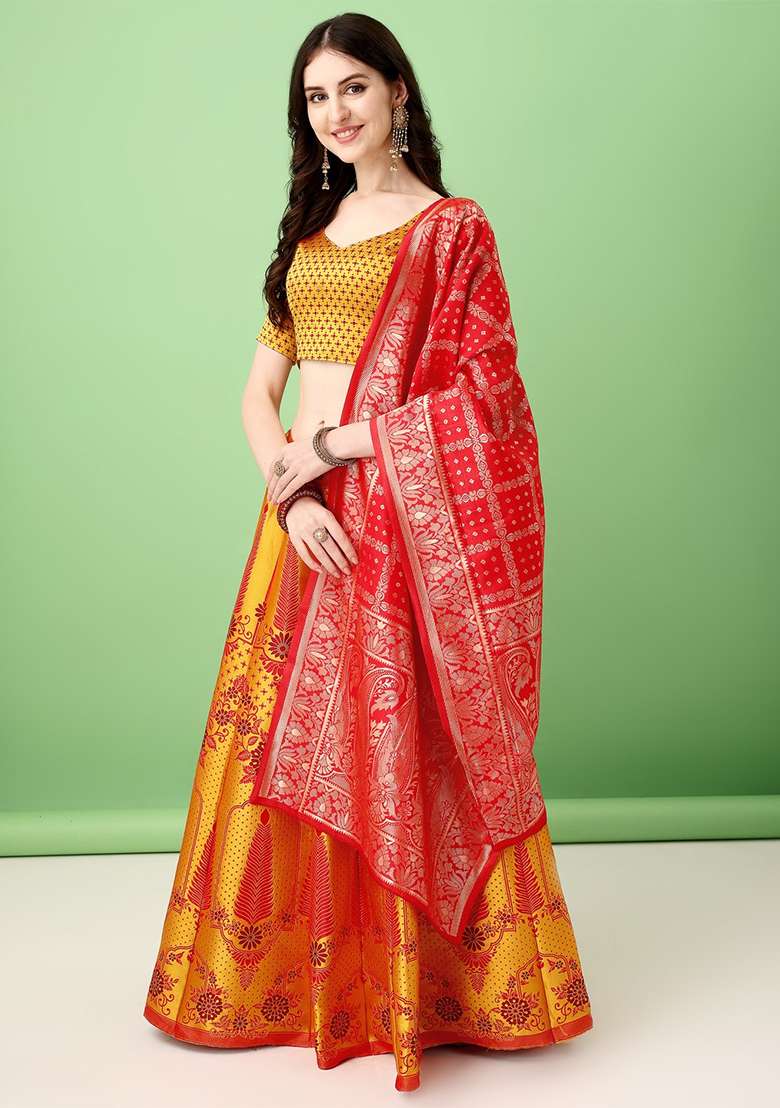 Multicolour Soft Jacquard Silk Blend Lehenga Set with Embroidered for Diwali | Wedding & Festive Wear - Indya