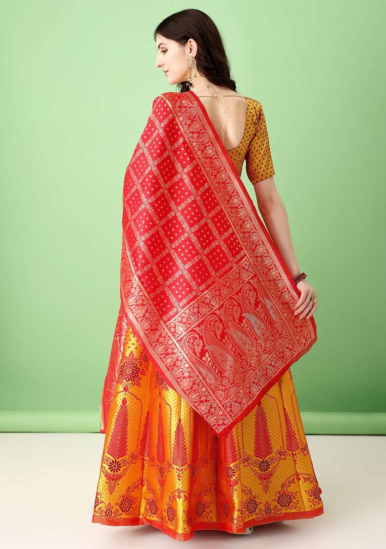 Multicolour Soft Jacquard Silk Blend Lehenga Set with Embroidered for Diwali | Wedding & Festive Wear - Indya