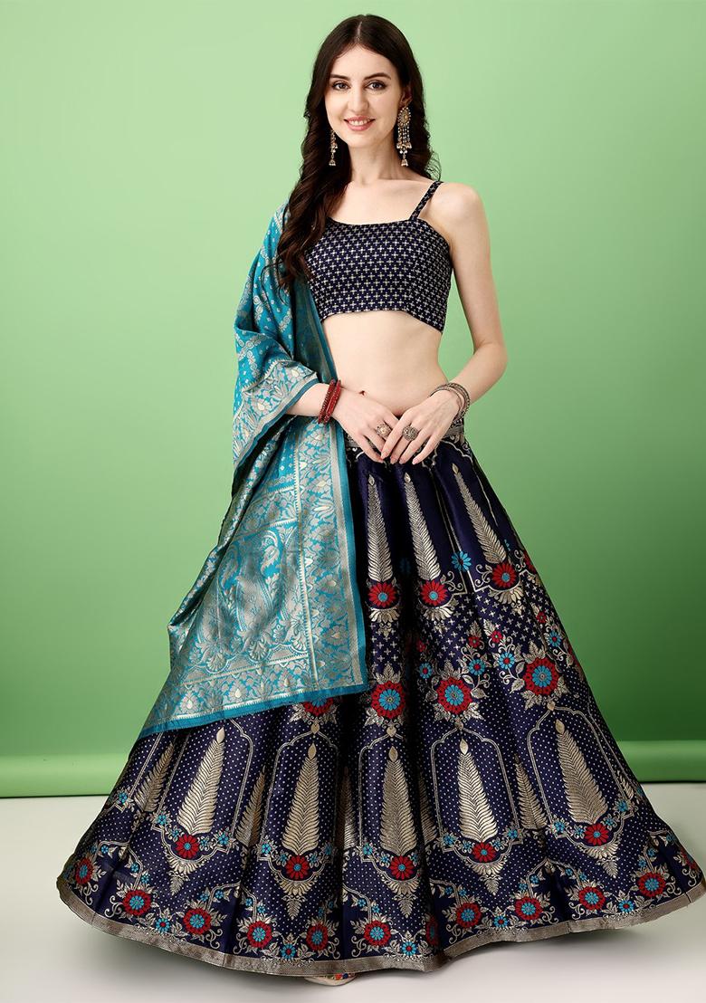 Multicolour Embroidered Soft Silk Jacquard Lehenga Set