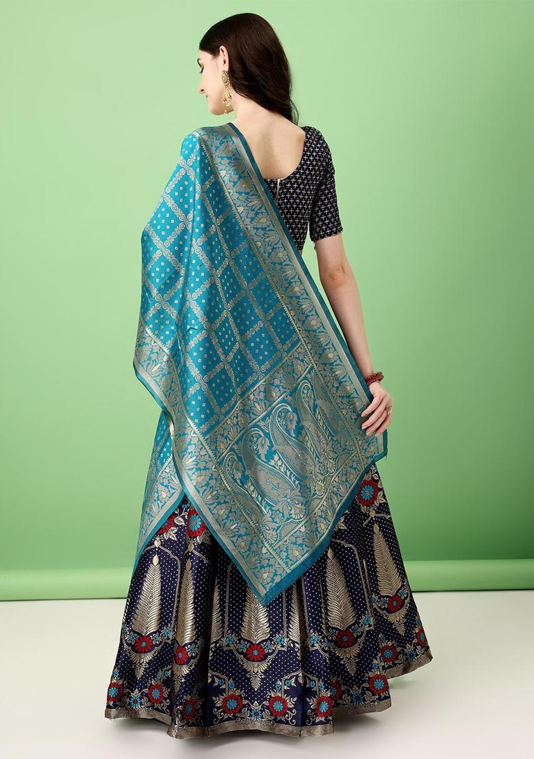 Multicolour Embroidered Soft Silk Jacquard Lehenga Set