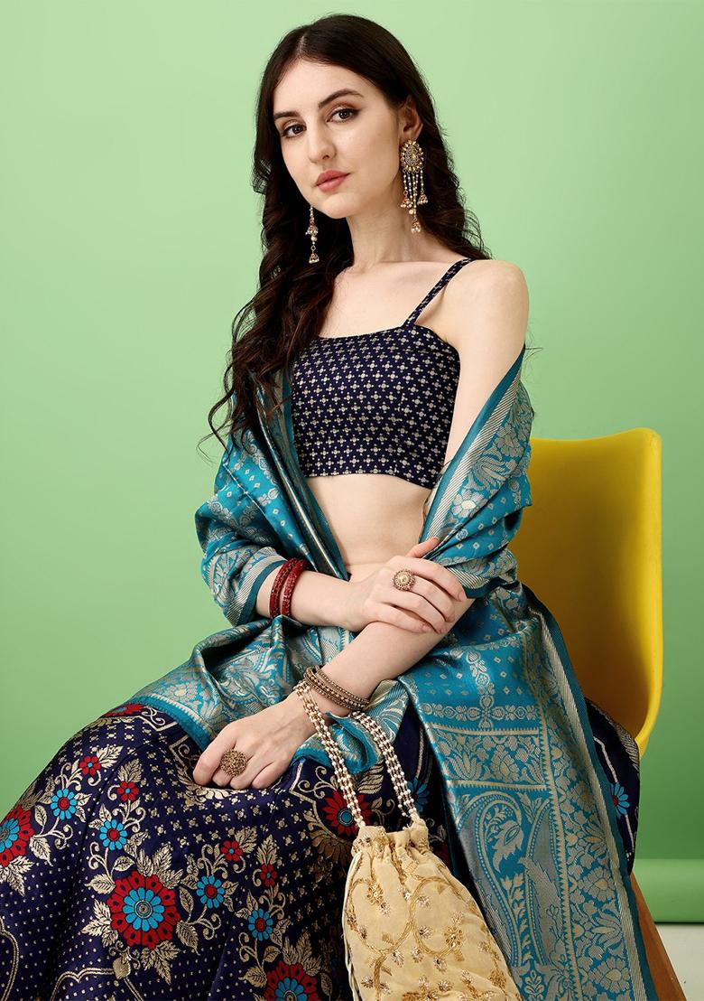 Multicolour Embroidered Soft Silk Jacquard Lehenga Set