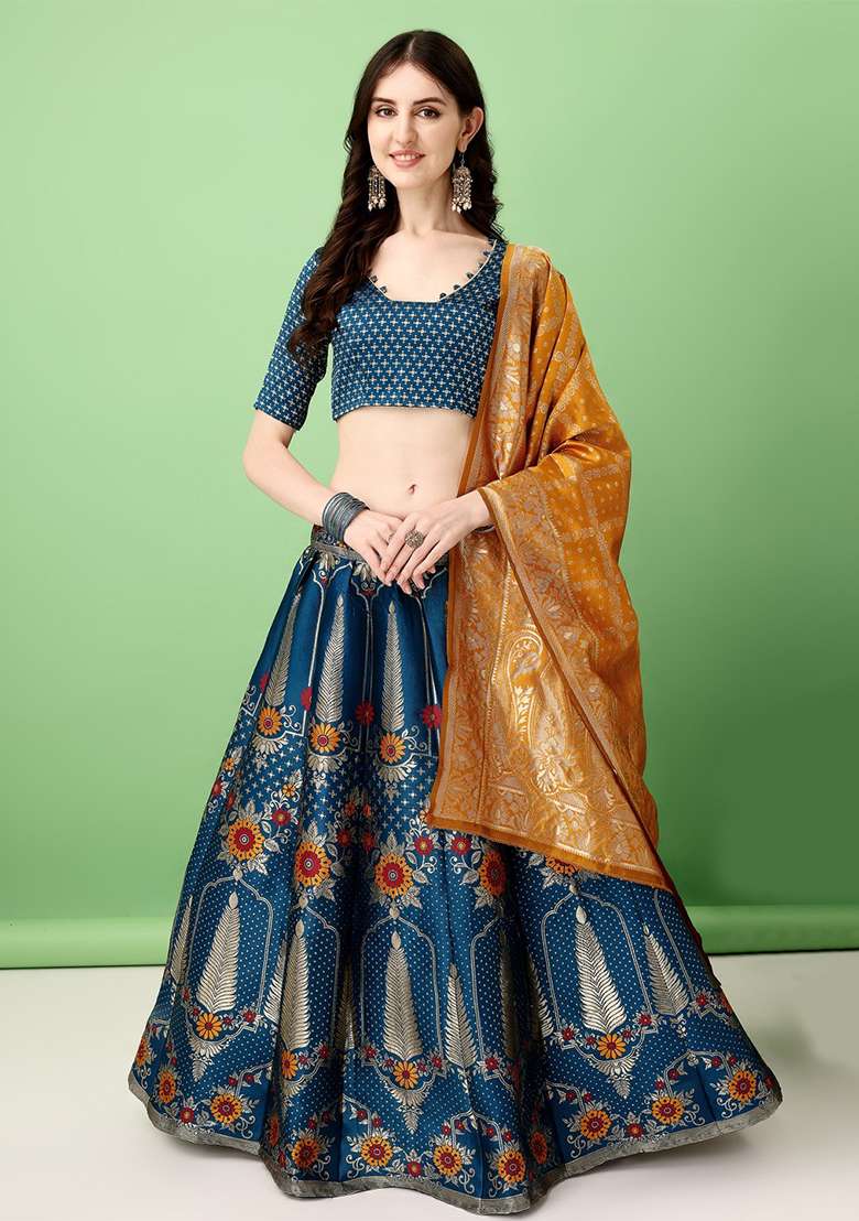 Multicolour Embroidered Soft Silk Blend Jacquard Lehenga Set - Indya