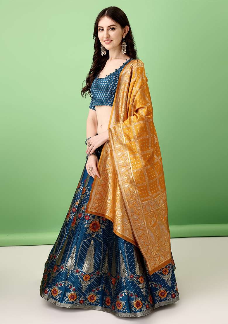 Multicolour Embroidered Soft Silk Blend Jacquard Lehenga Set - Indya