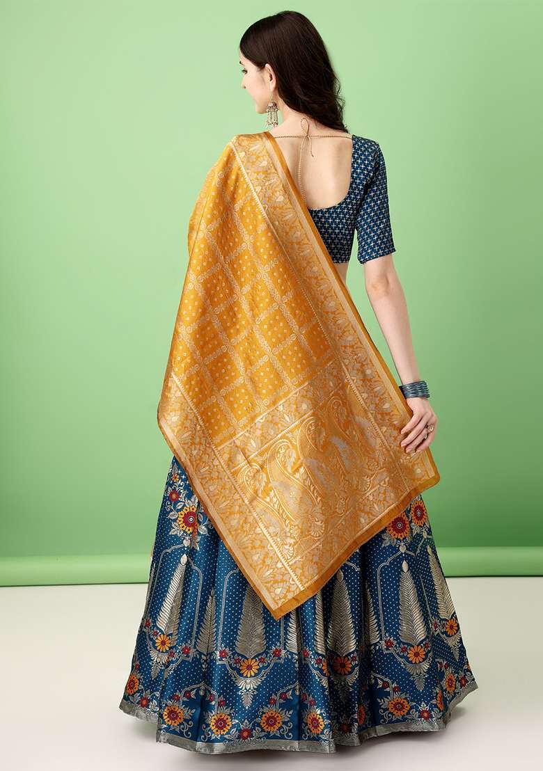 Multicolour Embroidered Soft Silk Blend Jacquard Lehenga Set - Indya